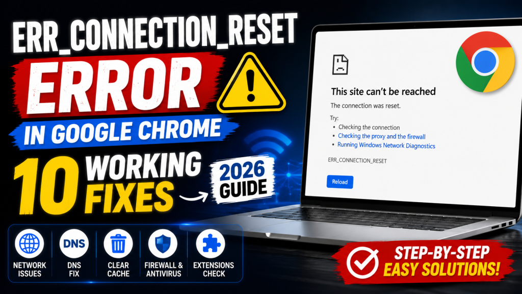 How to fix the ERR_CONNECTION_RESET error in Google Chrome using 10 working solutions, including DNS reset, cache clearing, network troubleshooting, and firewall checks.