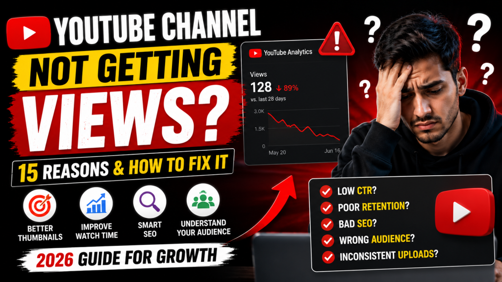 YouTube Analytics dashboard showing low video views with a step-by-step guide explaining 15 reasons why a YouTube channel is not getting views and how to increase reach, watch time, and channel growth.