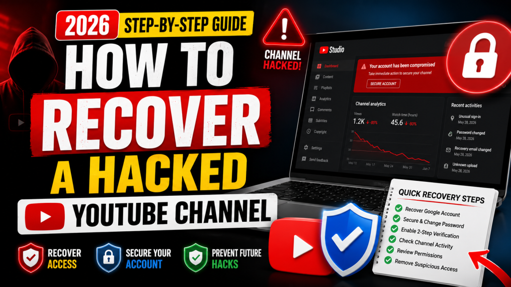 How to recover a hacked YouTube channel in 2026 showing Google account recovery, YouTube Studio security settings, two-factor authentication, and channel protection tips.