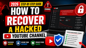 How to recover a hacked YouTube channel in 2026 showing Google account recovery, YouTube Studio security settings, two-factor authentication, and channel protection tips.