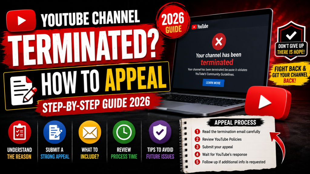 How to appeal a YouTube channel termination in 2026 with a step-by-step guide showing a terminated channel notice, appeal process, YouTube policies, and account recovery tips.