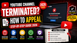 How to appeal a YouTube channel termination in 2026 with a step-by-step guide showing a terminated channel notice, appeal process, YouTube policies, and account recovery tips.