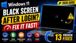 Windows 11 black screen after login troubleshooting guide showing a black desktop screen, Windows logo, graphics driver repair, Safe Mode, and system recovery solutions for fixing startup issues.