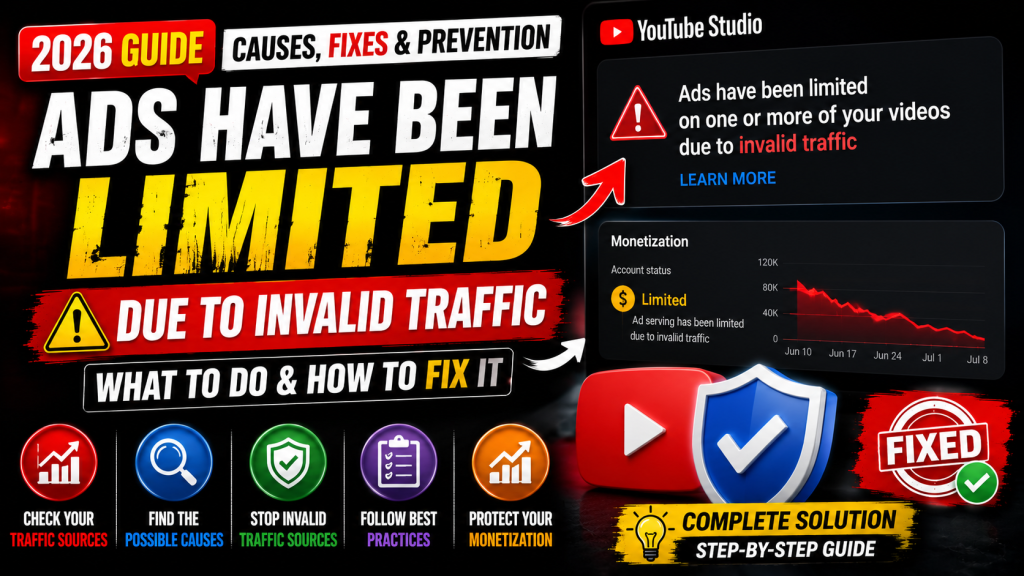 YouTube Studio invalid traffic warning showing ads limited on videos with analytics dashboard, monetization icon, and guide to fixing invalid traffic issues in 2026.
