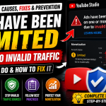 YouTube Studio invalid traffic warning showing ads limited on videos with analytics dashboard, monetization icon, and guide to fixing invalid traffic issues in 2026.
