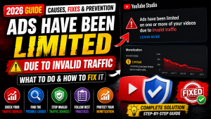 YouTube Studio invalid traffic warning showing ads limited on videos with analytics dashboard, monetization icon, and guide to fixing invalid traffic issues in 2026.