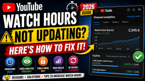 YouTube watch hours not updating guide showing YouTube Studio analytics, monetization progress, public watch hours, and troubleshooting steps to fix delayed watch hour updates in 2026.