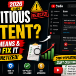 YouTube repetitious content guide showing YouTube Studio monetization review, repetitive content warning, AI-generated video examples, and step-by-step solutions to qualify for YouTube Partner Program monetization in 2026.