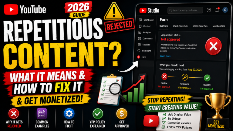 YouTube repetitious content guide showing YouTube Studio monetization review, repetitive content warning, AI-generated video examples, and step-by-step solutions to qualify for YouTube Partner Program monetization in 2026.