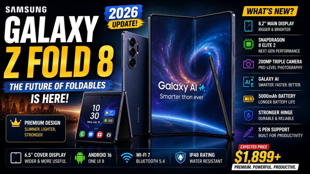 Samsung Galaxy Z Fold 8 foldable smartphone featuring a large AMOLED display, Galaxy AI interface, premium triple-camera system, Snapdragon 8 Elite 2 performance, and sleek foldable design in a modern 2026 concept.