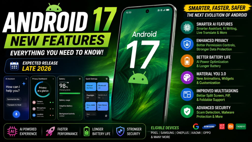 Android 17 interface showcasing AI-powered features, Material You design, privacy dashboard, battery optimization, and modern smartphone experience in a 2026 concept.