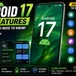Android 17 interface showcasing AI-powered features, Material You design, privacy dashboard, battery optimization, and modern smartphone experience in a 2026 concept.