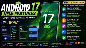 Android 17 interface showcasing AI-powered features, Material You design, privacy dashboard, battery optimization, and modern smartphone experience in a 2026 concept.