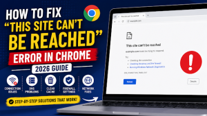 Laptop displaying the This Site Can't Be Reached error in Google Chrome with step-by-step troubleshooting methods for Windows users.