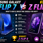Samsung Galaxy Z Flip 7 and Galaxy Z Flip 8 shown side by side highlighting design, cover display, camera, Galaxy AI, performance, battery, and feature differences in a 2026 comparison.