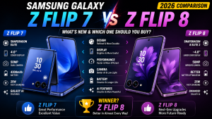 Samsung Galaxy Z Flip 7 and Galaxy Z Flip 8 shown side by side highlighting design, cover display, camera, Galaxy AI, performance, battery, and feature differences in a 2026 comparison.