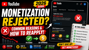 YouTube monetization rejected guide showing YouTube Studio Earn page with rejected application message, warning icons, review checklist, and YouTube Partner Program reapplication process for creators in 2026.