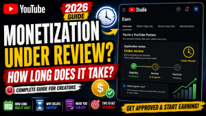 YouTube monetization under review guide showing YouTube Studio Earn page, monetization application status, review process, YouTube Partner Program approval, and creator waiting for monetization review in 2026.