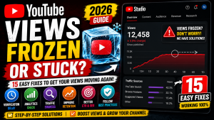 YouTube views frozen or stuck troubleshooting guide showing YouTube Studio analytics dashboard, view counter, traffic sources, and step-by-step solutions to fix delayed YouTube views in 2026.